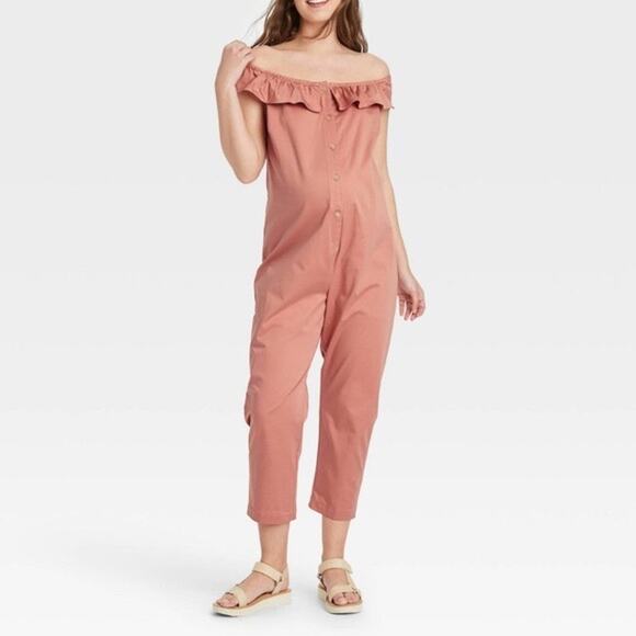 The Nines by Hatch Maternity Jumpsuit Small Off The Shoulder Pink Button-Front - Picture 2 of 12